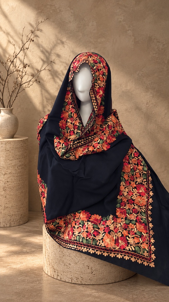 [AB-SH-001] Navy Floral Border Pashmina Shawl