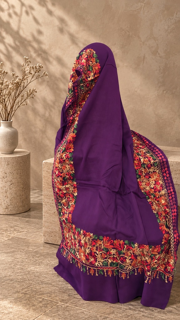 Plum Floral Border Pashmina Shawl