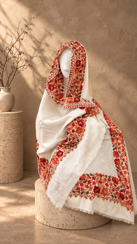 Ivory Floral Border Pashmina Shawl