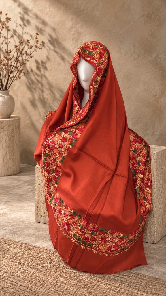 Rust Floral Border Pashmina Shawl