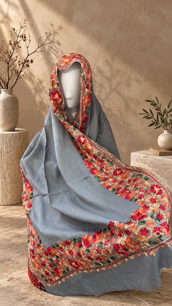 Slate Grey Floral Border Pashmina Shawl