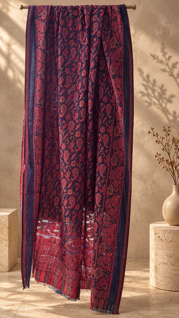Navy & Magenta Paisley Vine Pashmina Shawl