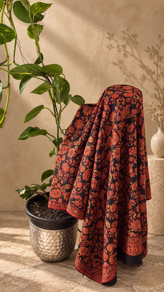 Navy & Coral Floral Paisley Pashmina Shawl