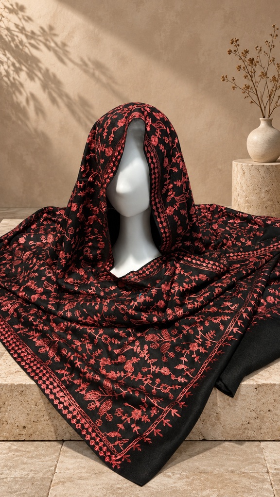 Black & Coral Floral Vine Pashmina Shawl