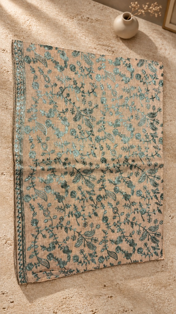 Beige & Teal Floral Vine Pashmina Shawl