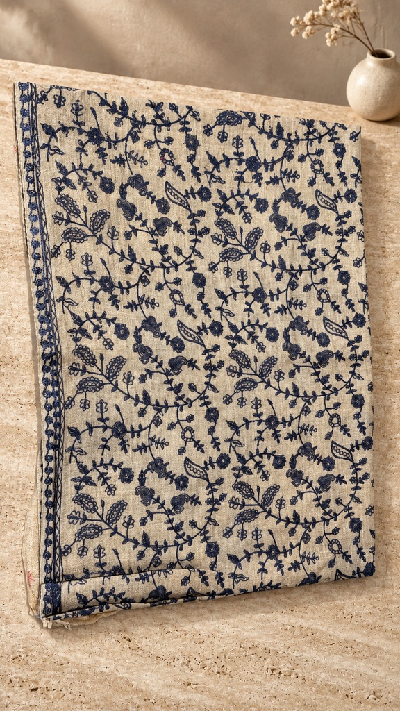 [AB-SH-014] Beige & Navy Floral Vine Pashmina Shawl