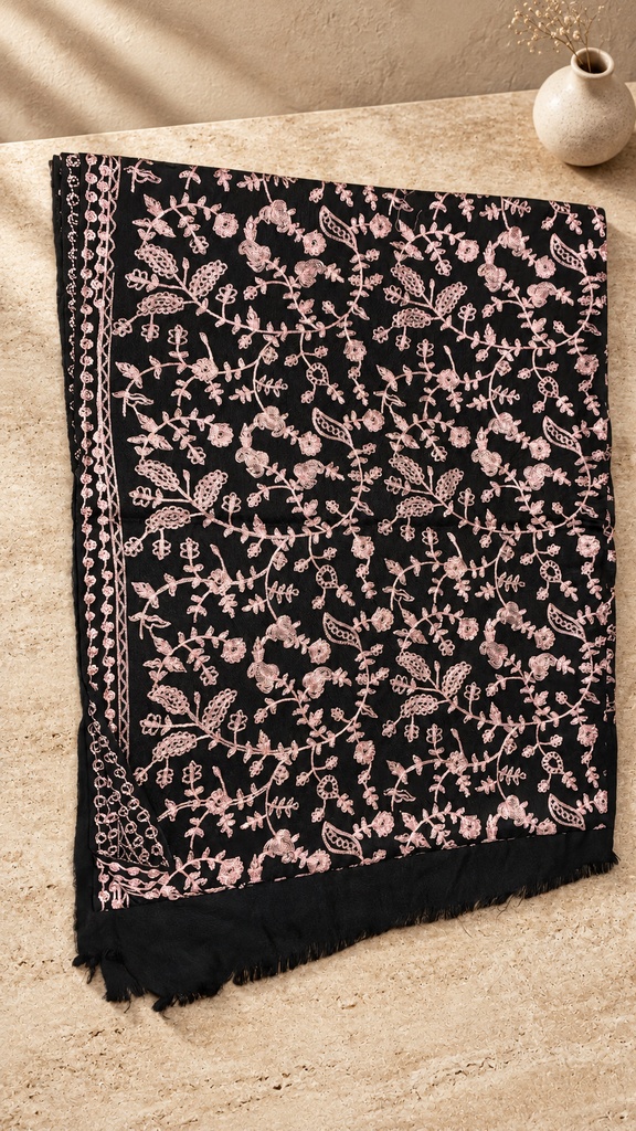 [AB-SH-015] Black & Blush Floral Vine Pashmina Shawl