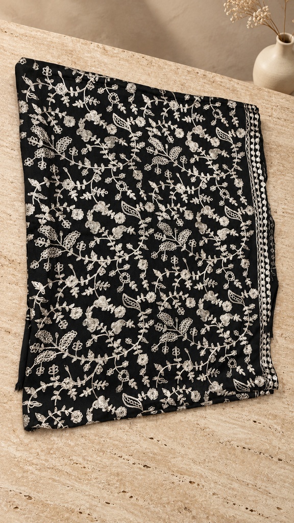 [AB-SH-017] Black & Ivory Floral Vine Pashmina Shawl