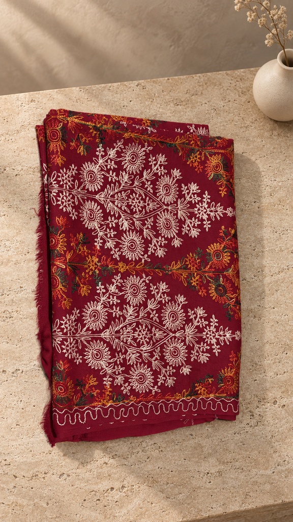 [AB-SH-018] Burgundy Floral Medallion Pashmina Shawl