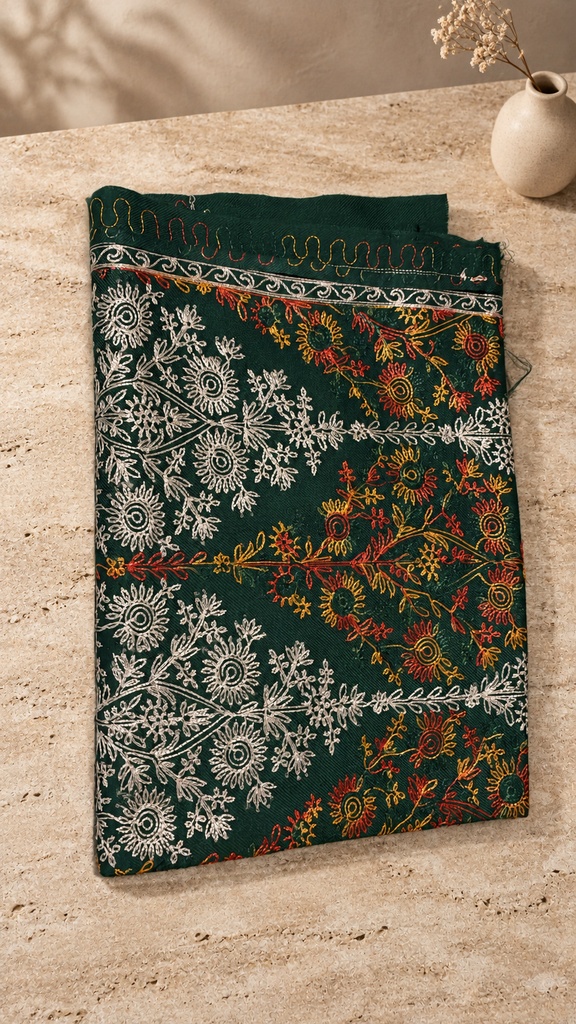 [AB-SH-021] Forest Green Floral Medallion Pashmina Shawl