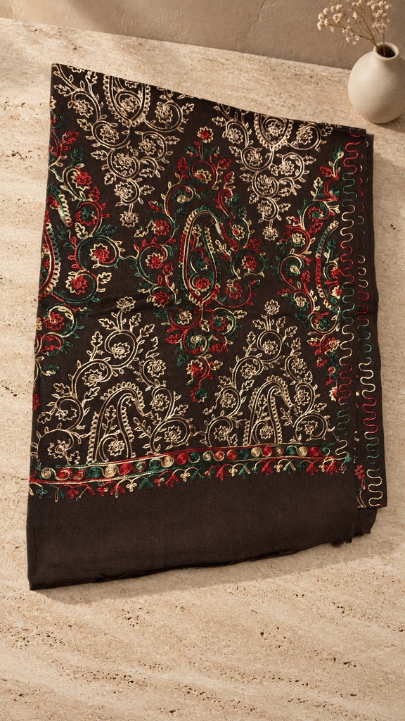 [AB-SH-022] Chocolate Multicolour Paisley Panel Pashmina Shawl