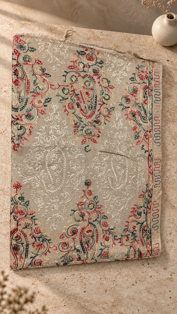 [AB-SH-023] Champagne Multicolour Paisley Panel Pashmina Shawl