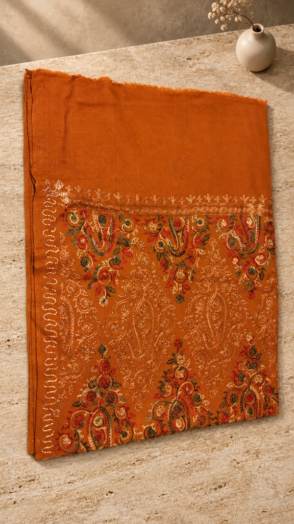 [AB-SH-025] Burnt Orange Multicolour Paisley Panel Pashmina Shawl
