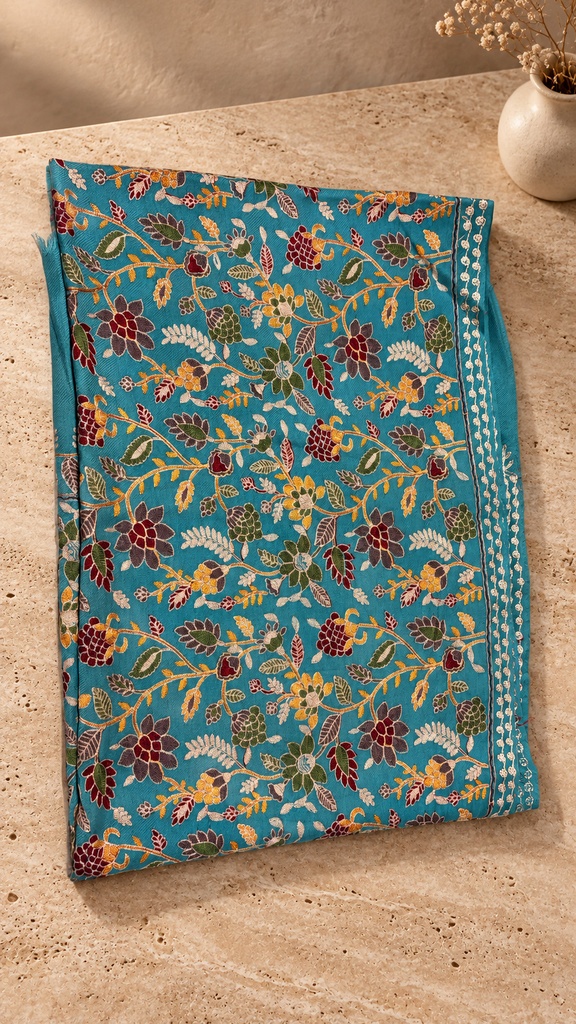 [AB-SH-026] Turquoise Multicolour Floral Pashmina Shawl