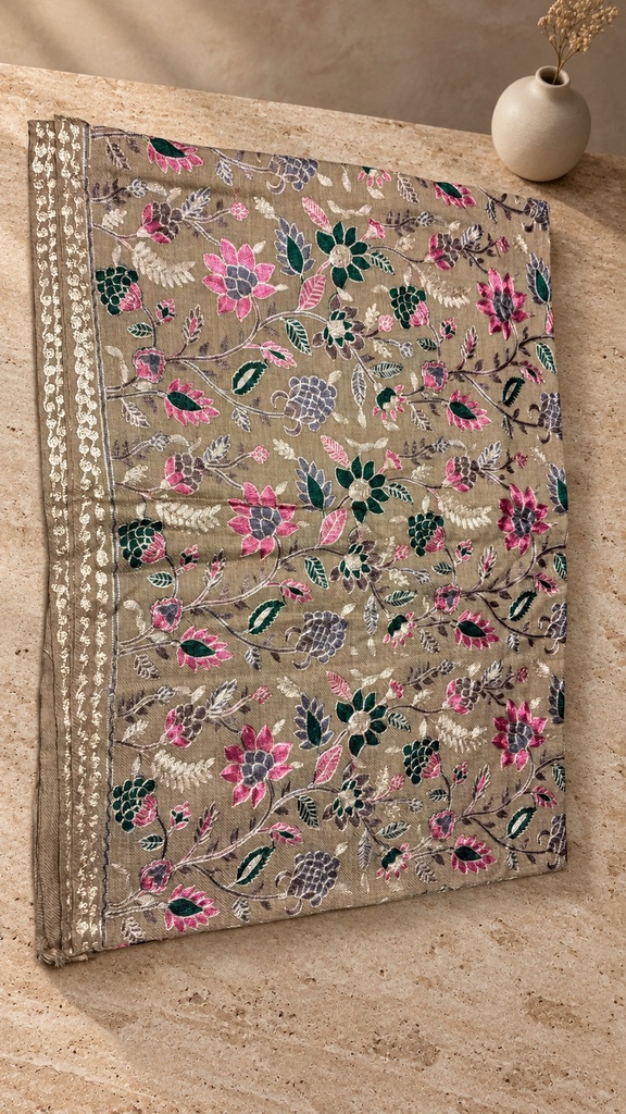 [AB-SH-027] Taupe & Pink Floral Pashmina Shawl