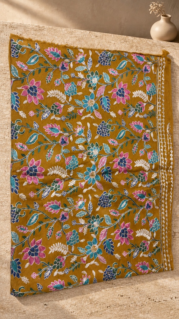 [AB-SH-028] Mustard & Pink Floral Pashmina Shawl