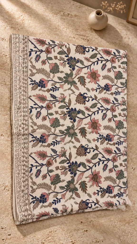 [AB-SH-030] Ivory Multicolour Floral Pashmina Shawl