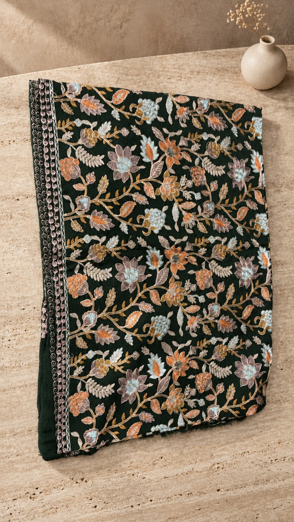 Forest Green & Copper Floral Pashmina Shawl
